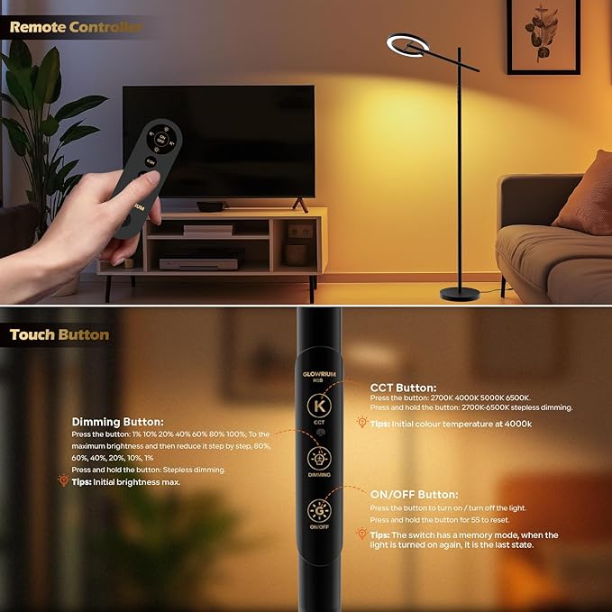 Light Therapy Lamp, 12000 LUX UV-Free Sunlight Lamp, Floor Lamp with Remote, Full Spectrum Sun Lamp, 4 Color Temps 2700-6500K & 7 Brightness & Timer LED Lamp for Living Room Bedroom Home Office, Black