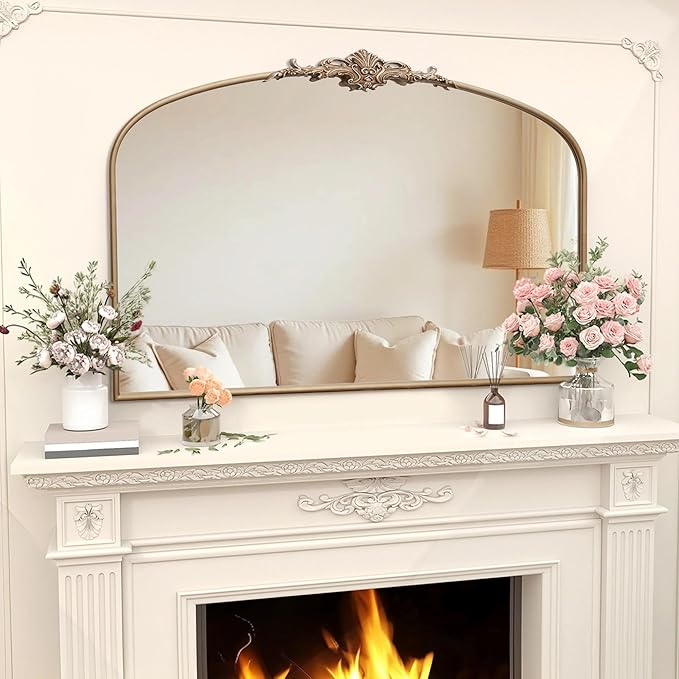 Besdomus Large Arched Vintage Mirror: 48"x33" Oversize Champagne Gold Antique Wall Mounted Mirror - Baroque Traditional Ornate for Fireplace/Bathroom/Living Room - Home Decor for Housewife