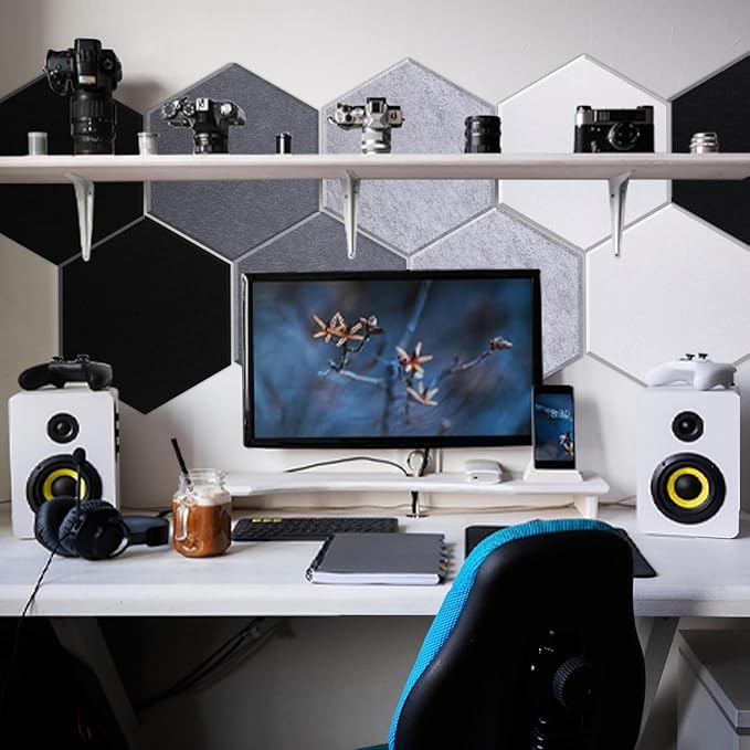 Mollywell Hexagon Acoustic Panels 14x12 - Reduce Echo & Reverb, Noise Blocking Wall Tiles for Studio & Home Office, Silver Gray, Moon Gray, Black, White Sound Absorbing Panels
