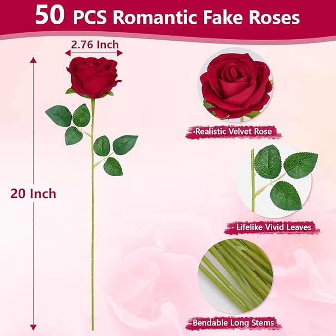 BLEUM CADE 50 Pcs Red Roses Artificial Flowers, Real Touch Velvet Roses Fake Flowers Bulk, Artificial Roses Bouquet with Long Stems Bridal DIY Wedding Party Centerpiece Decorations