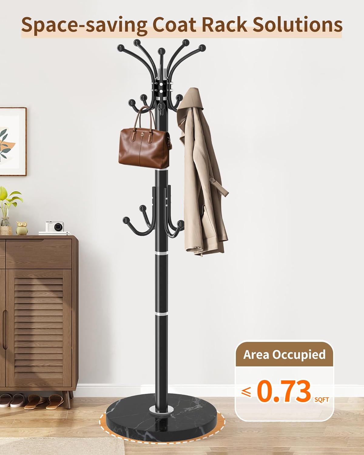 EZIVIEZ Modern Coat Rack Stand, 360° Rotary Metal Freestanding Coat Rack with Natural Marble Base, Black Coat Racks and Coat Hanger Tree Jacket Stand with 14 Hooks for Office, Entryway, Hallway