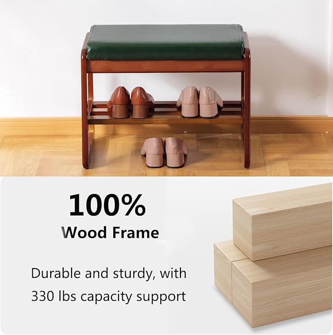 Solid Wood Shoe Bench, 2-Tier Wooden Entryway Bench, Modern Shoe Rack with Faux Leather Cushion for Hallway, Living Room (Green, 21.65'')