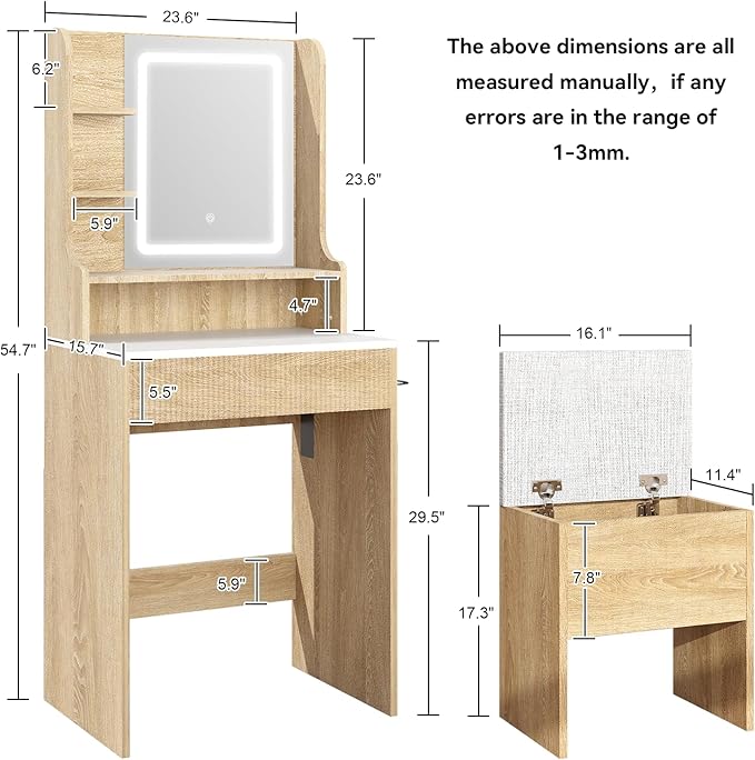YOURLITE Fluted Makeup Vanity Desk with Mirror and Lights, 24" Small Vanity Table Set with LED Mirror & Stool, Dressing Table for Bedroom