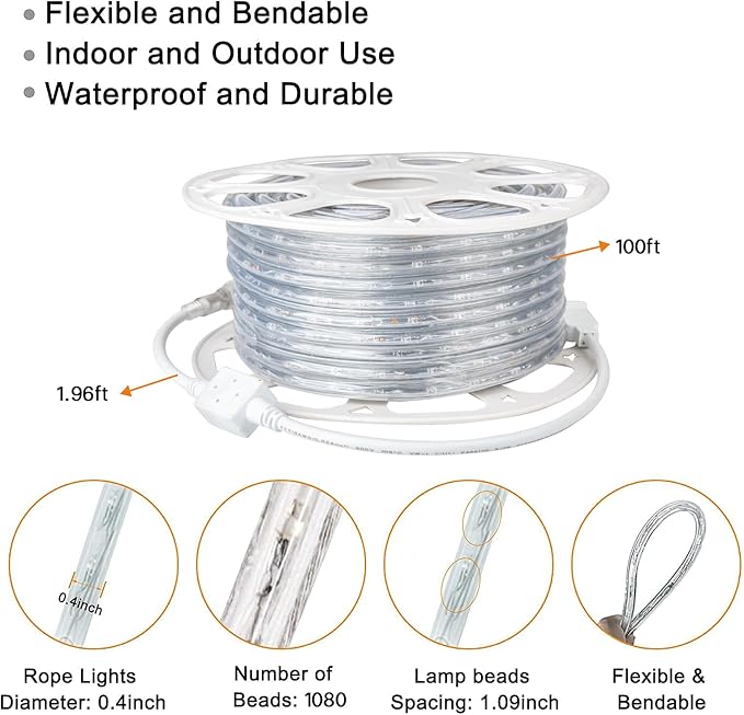 SURNIE Rope Lights Outdoor Waterproof Daylight White: LED 100FT Cuttable Outside Bright 110V Lighting 6000K Connectable Flexible Cool Clear Tube, Indoor Deck Patio Xmas Camping Decor, Not Flat Strip