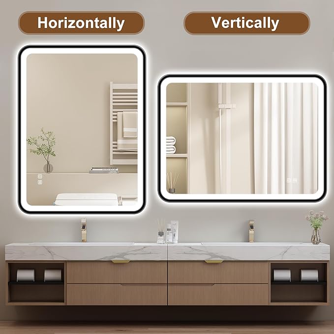 S'bagno 40X28 Black LED Mirror for Bathroom with Frontlit & Backlit, LED Bathroom Mirror with Metal Frame, Anti-Fog, Stepless Dimmable, 3 Colors Temperature LED Vanity Mirror(Horizontal/Vertical)