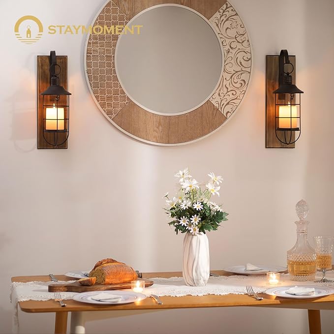 Wall Sconces Candle Holder: Set of 2 Farmhouse Wall Lantern Decor Wood Brown Decorations Indoor for Living Room Front Door Porch
