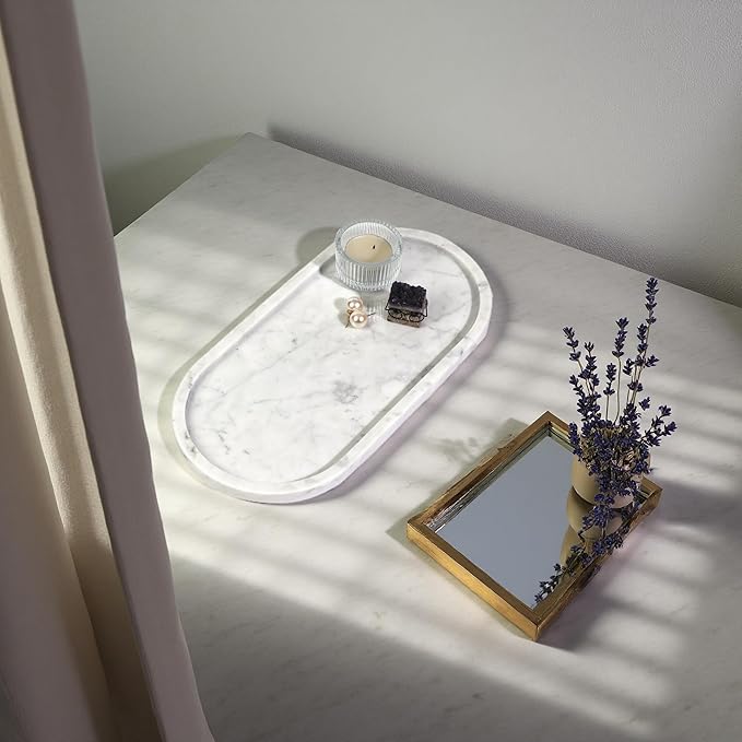 Marble Vanity Tray Organizer - 9.8"x5" Italy Natural Stone Decorative Tray,Jewelry, Perfume & Candle Display Tray,Bathroom Vanity, Dresser Top, Nightstand Decor