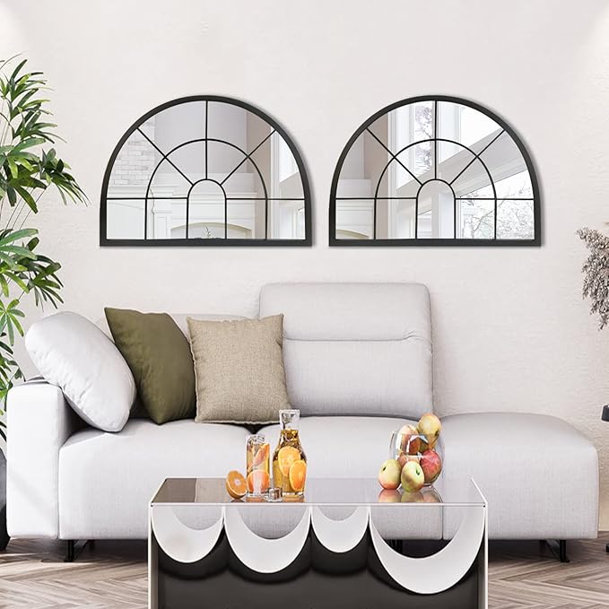 WAMIRRO Black Arched Window Pane Semi-Round Mirror - Farmhouse Mantel Half Circle Mirror for Fireplace, Living Room, Entryway Console Table,Wall Deocr 28"X20"