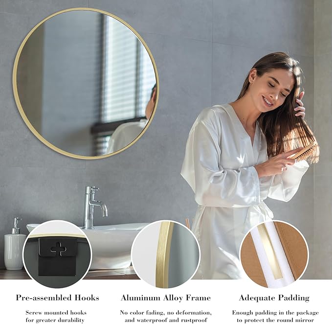 Sweetcrispy Gold Round Mirror for Wall 30 Inch, Bathroom Circle Mirrors for Over Sink, Entryway, Bedroom, Vanity