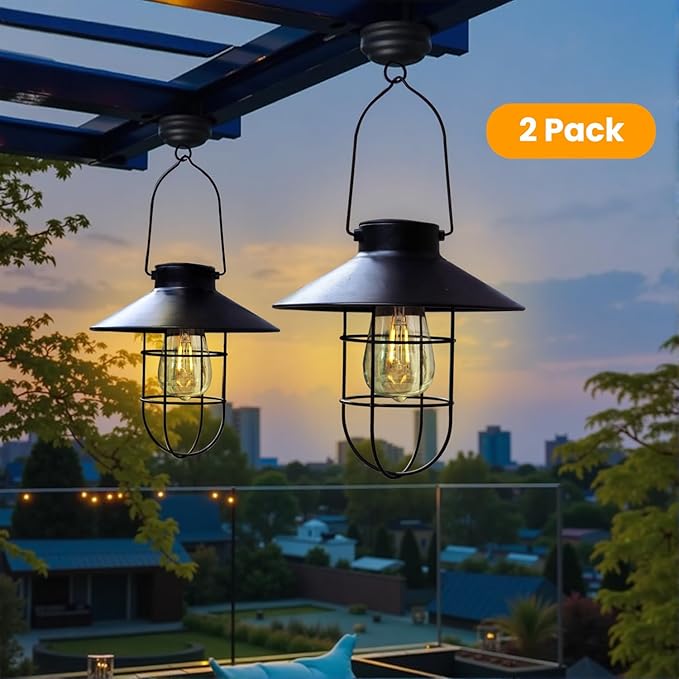 2 Pack Solar Lanterns Outdoor Waterproof Ideal as Gifts for Women, Mothers and Wife.Vintage-Style Hanging Solar Lights Suitable for Outdoor Use in Yards, Patios, Backyards and Porches.