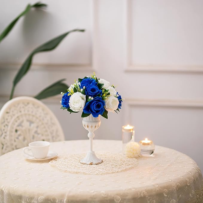 BLOSMON Royal Blue Artificial Flowers: 6 Pcs Fake Roses Flower Ball Centerpieces for Wedding Dinning Table - Faux Silk Kissing Bouquet Floral Arrangement for Home Party Event Decor
