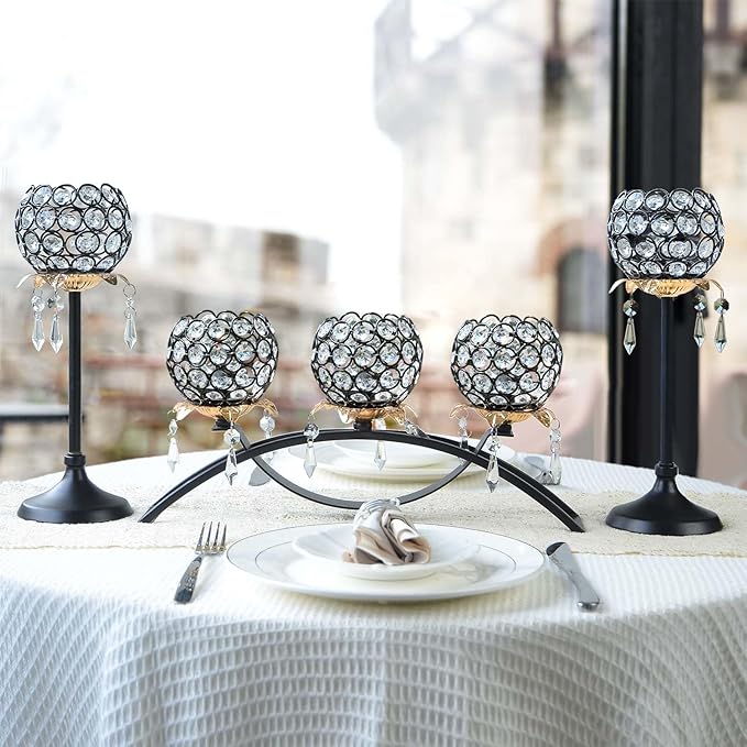Set of 3 Gold Crystal Tea Light Candlestick Holders Flower Shape with Crystal Pendant Bowl Votive Metal Candle Holder for Table Centerpieces Wedding Home Decor (Set of 3, Black+Gold)
