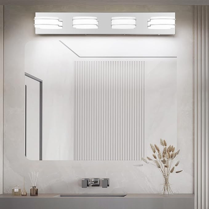 3 Color Temperature Dimmable Vanity Lights for Bathroom, LED Chrome 4 Light Vanity Lighting Fixtures, Acrylic Stainless Steel Oval Shade Bathroom Light Fixtures Over Mirror, ETL Certificated