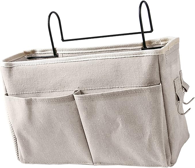 Nightstand Hanging Bag Cotton Linen Bedside Storage for Dorm Rooms (White)
