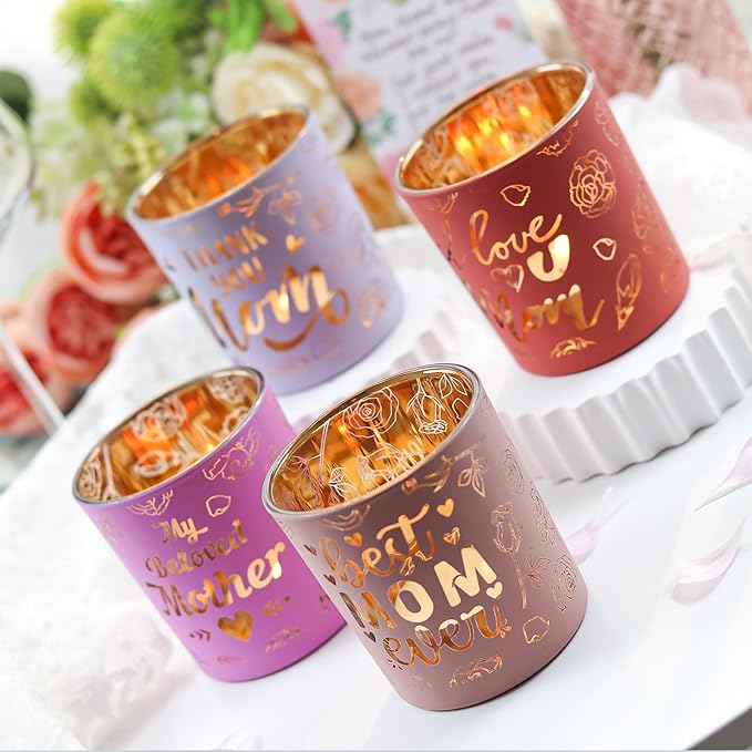 SHMILMH Thanksgiving for Mom from Son Daughter, Mothers Day Table Decoration 4 PCS, Glass Candle Jar Votive Candle Holder for Mother's Birthday Party Decor