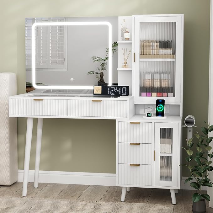 White Vanity Desk with Mirror and Lights, 49" Fluted Wood Makeup Vanity Table with Modern Glass Top, Charging Station, 5 Drawers, 2 Cabinet with Adjustable Shelves, Salon Station
