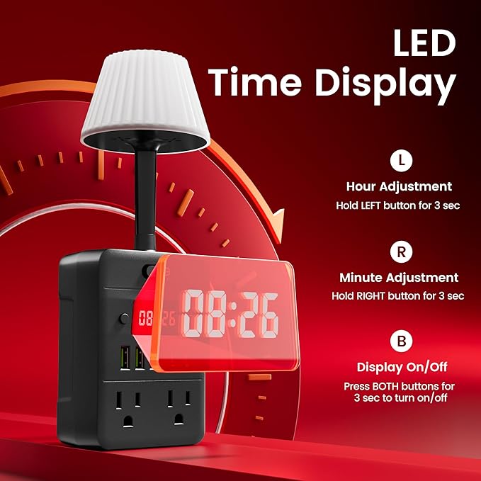 Lamp & Power Strip with Digital Clock, 4 Outlets 5 USB Ports (2 USB C), Dimmable Nightstand Light with 3 Color Temperatures, Multi-Functional Wall Outlet Extender for Bedroom, Dorm, Office, Black