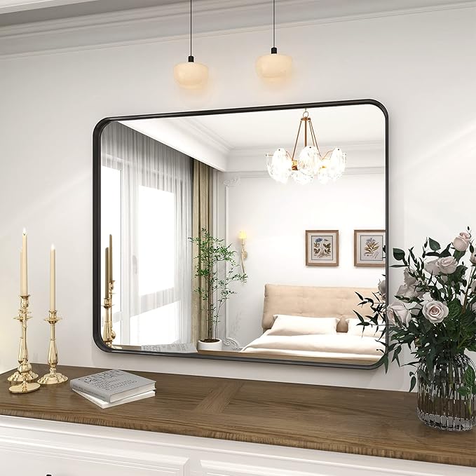 VooBang Bathroom Mirror 24x32 inch, Black Gorgeous Deep Frame Wall Mirror, Modern Round Corner Bathroom Vanity Mirror for Bedroom, Living Room, Hanging or Leaning Horizontal or Vertical, Black