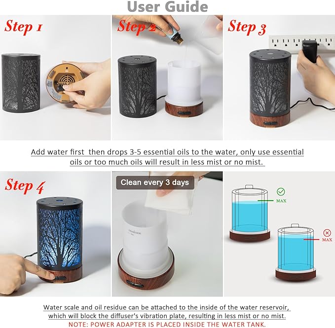 EQUSUPRO Essential Oil Diffuser 150ml Black Metal Aromatherapy Oil Diffuser Ultrasonic Cool Mist Diffuser with Auto Shut-Off Protection,7 Colors Changed LED for Home Office SPA Yoga (A-Tree)