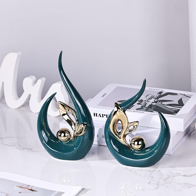 XMGZQ Teal Gold Ceramic Statues for Home Décor Accents,Abstract Art Mid Century Modern Decor,Elegante Centerpiece Table Decorations,Green Sculpture for Entryway,Bookshelf,Tv Stand,Mantel,Coffee Table