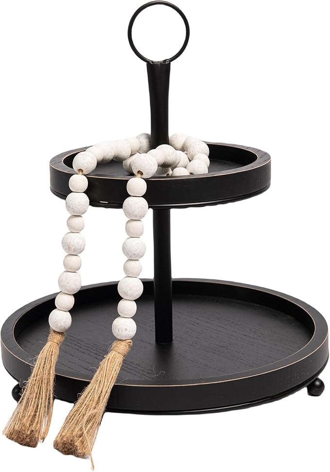 GENMOUS Black Farmhouse Tiered Tray Decor with Distressed Wood Bead Garlands, Wooden Tiered Tray Stand for Seasonal Display, Decorative 2 Tiered Serving Tray with Metal Handle for Rustic Home Décor