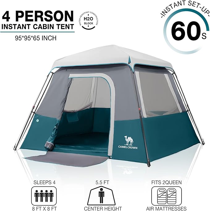 CAMEL CROWN Cabin Tent with 1-Minute Setup, 4/6 Person Instant Tent with Weatherproof Floor