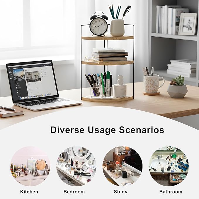 Corner Bathroom Counter Organizer Countertop Brown, 3-Tier Corner Shelf Wood Vanity Tray Easy Assembly Space Saving Shelf for Kitchen, Bathroom, Dresser, Makeup, Office
