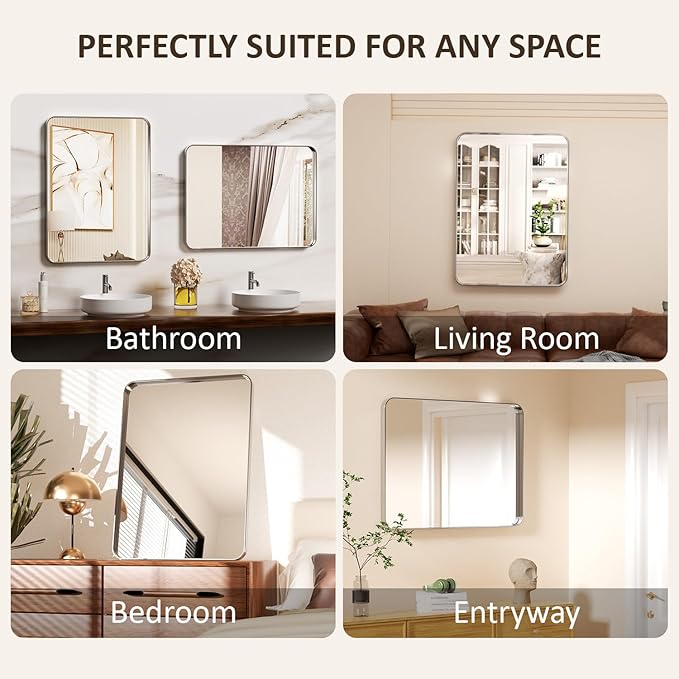 24×36 Silver Bathroom Vanity Mirror for Over Sink - Decorative Bathroom Mirrors with & Tempered Glass for Bedroom, Hallway, Living Room, Horizontal/Vertical Wall Mounted, Rounded Rectangle Frame