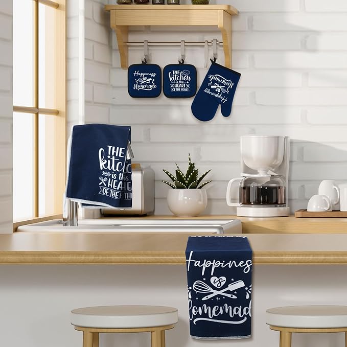 Sratte 6 Pcs Kitchen Decor Accessories Set Farmhouse Towels Pot Holders Oven Mitts Set 2 Dish Towels 2 Potholders 2 Cooking Mittens Oven Glove for Christmas Baking Cooking Supply(Blue,Kitchen)