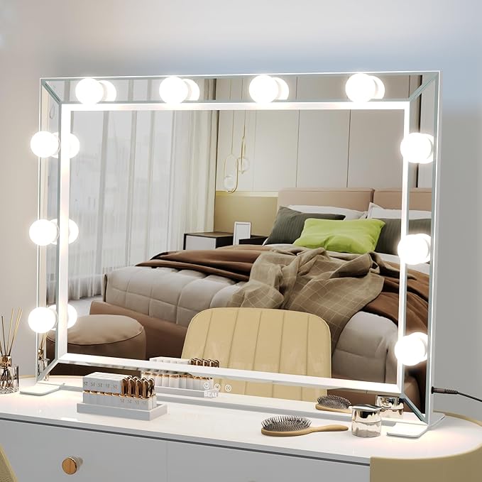 BEAUTME Large Hollywood Vanity Mirror with 10 pcs Dimmer Bulbs, 3 Lighting Modes, Smart Touch Control, Tabletop Mirror/Wall Mounted LED Mirror Home Decor for Bedroom, 31.5×24 inch