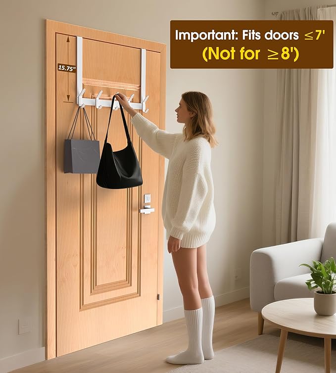 Long Over The Door Hooks Hanger with 15.75" Arms for Easier Access by Shorter, J16U, Perfectly Fits US Standard 1 3/8-inch Doors, Towel Rack Bathroom Organizer Holder, Rustproof, White