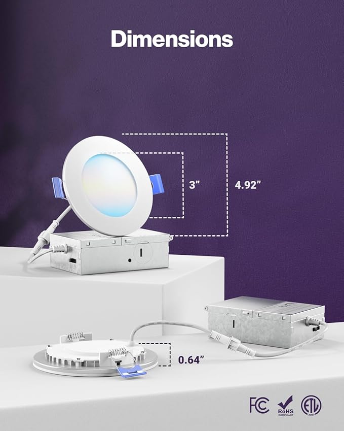 Sunco 4 Pack 4 Inch Smart Ultra Thin LED Recessed Ceiling Lights with Night Light, Tunable CCT 2700K to 6000K, Dimmable, 11W, Smooth Trim, Canless with Junction Box