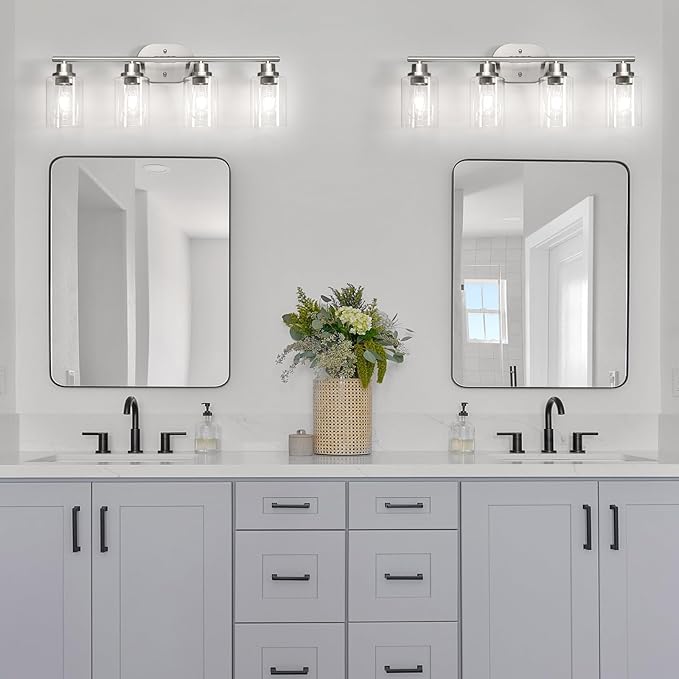 Ascher 4-Light Bathroom Light Fixtures, Modern Vanity Lights with Clear Glass Shade, Brushed Nickel Wall Lamp for Bathroom Mirror Hallway Cabinet Porch