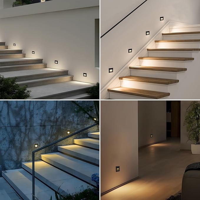120V Indoor Outdoor Step Lights, LED Stair Lights Indoor Warm White 3000K, Waterproof Recessed Wall Lights for Deck, Stair, Bedroom, Kitchen, Balcony, Aluminum, 4Pack