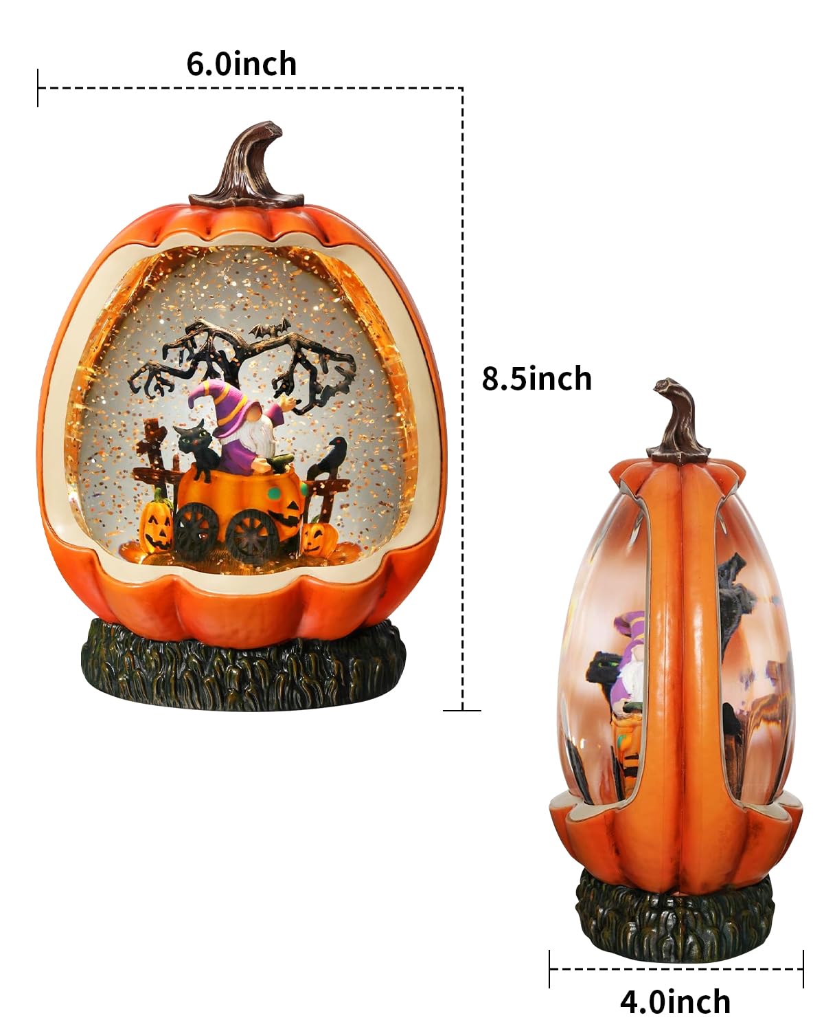 Halloween Pumpkin Snow Globe with Gnome Inside for Halloween Decorations, with Rotating and Lighting Functions,USB or Battery Operated