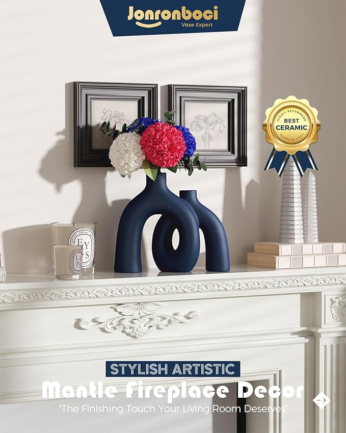 Hug Donut Decorative Vase Set - Navy Blue Vase, Modern Coastal Style Vases Home Decor, Matte Ceramic Decorations for Living Room Shelf, Bookshelf Mantle Entryway Table or Console Décor (Navy Blue)