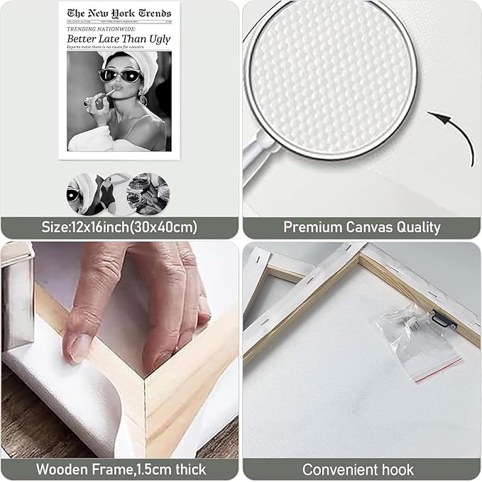 Audrey Hepburn Newspaper Trendy Wall Art Set of 3,Framed Wall Art for Bedroom,Black and White Wall Decor for Bathroom,Magazine Headline News Better Late Than Ugly Prints,New York Times Canvas Bathroom Wall Decor,12x16inch