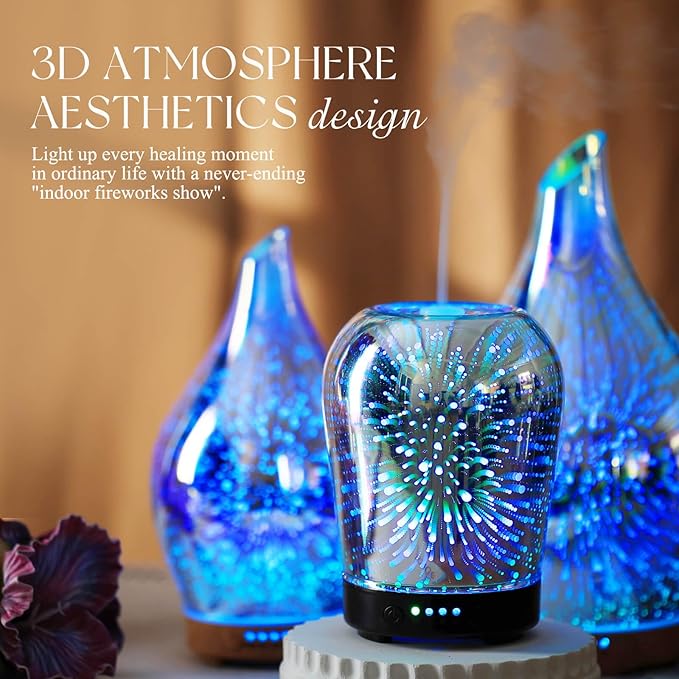 Porseme Essential Oil Diffuser, Aromatherapy Ultrasonic Cool Mist Humidifier, 3D Effect Glass, Auto Shut-Off, Timer Setting,100ml Aroma Decoration for Home, Office, Gym, Spa, Premium Gift