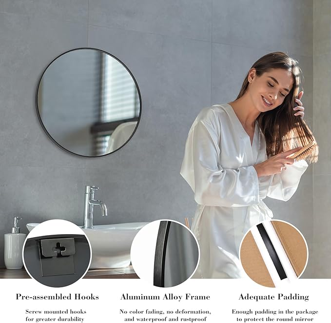 Sweetcrispy Black Round Wall Mirror 20 Inch, Bathroom Mirrors for Over Sink, Wall Decor for Bathroom, Entryway, Bedroom, Vanity