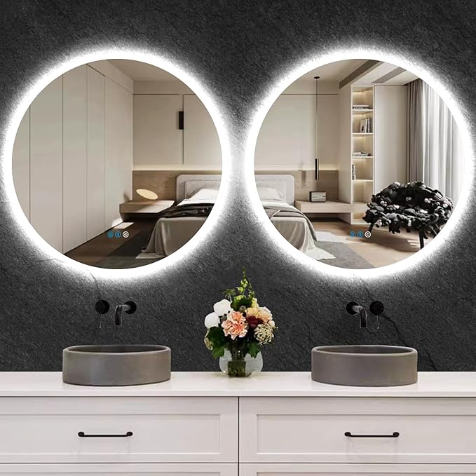 30 Inch Round Lighted Vanity Mirror with Lights Smart Memory Anti-Fog Adjustable Brightness 3 Color Backlight 30" Frameless LED Circle Round Backlit Mirror for Bathroom Hotle Wall Mounted