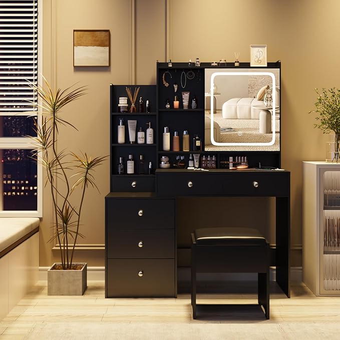 Black Vanity Desk Set with Led Mirror,Makeup Vanity Table with Power Strip,Dressing Table with Stool & Lots Drawers,3 Lighting Color Mirror,Brightness Adjustable
