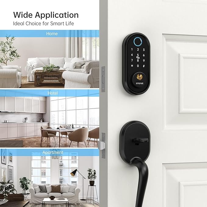 SMONET Front Door Lock Set with Handle, Smart Fingerprint Keyless Entry Door Lock, Deadbolt with App Control, Touchscreen Keypad for Home Airbnb Apartment