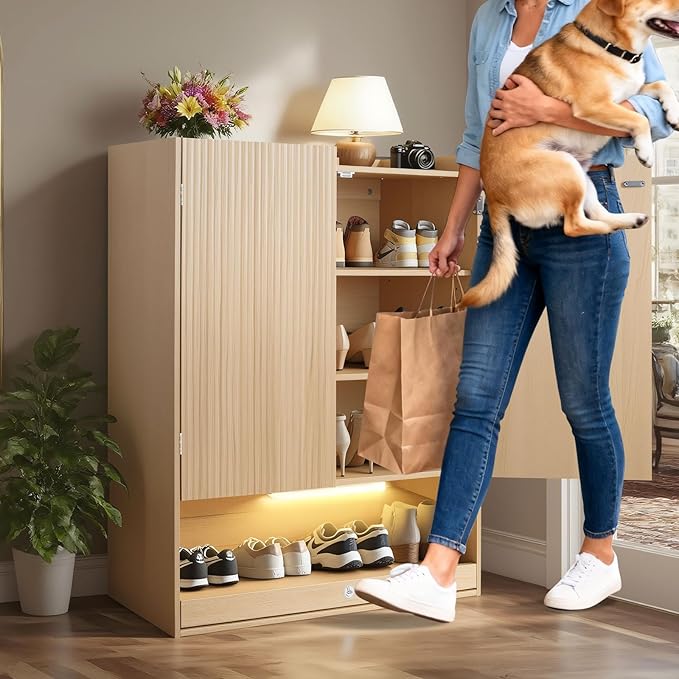 Shoe Cabinet with LED Light, 4-Tier Shoe Storage Cabinet with 2 Adjustable Shelves, Large Shoe Storage with Fluted Panel Modern Shoe Rack for Entryway, Bottom Pop-Up Shoe Rack, Natural Wood