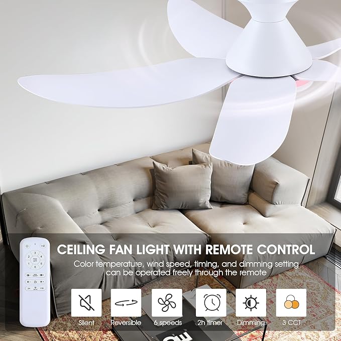 46" Ceiling Fans with Lights Remote/APP Control, Low Profile Ceiling Fans with Dimmable White Colors+Ring RGB Lights, 6 Speeds 5 Reversible Curved Blades for Kids Room Bedroom Living Room Bar, White