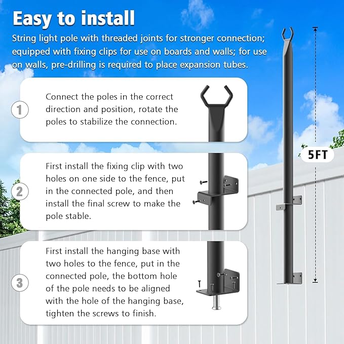 6 Pack 5Ft String Light Poles,Outside String Lights,Outdoor Light Poles,Metal Poles Stand for Patio,Backyard,Deck