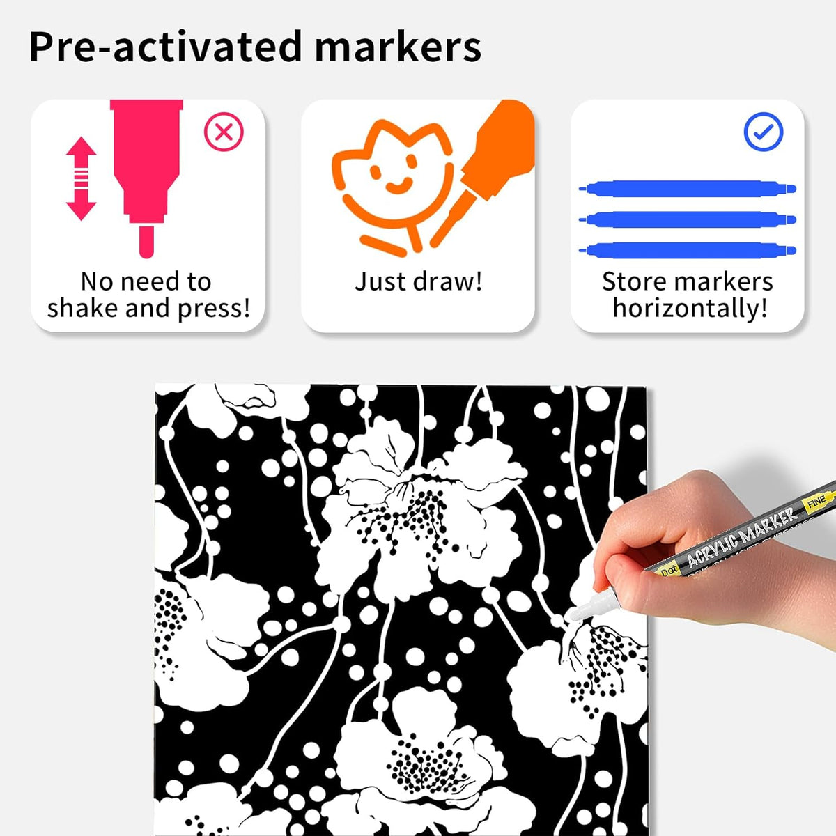 NAWOD 6 White Acrylic Paint Pens - Dual Tip (Fine 1mm + Dot 5mm) Permanent Markers for Rock, Fabric, Canvas, Ceramic, Glass, Wood, Paper, Labeling, Drawing, DIY Crafts