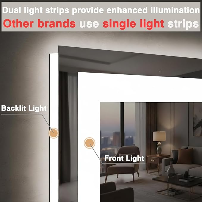 28"x36" LED Bathroom Mirrors for Wall, Front and Backlit Mirror, Anti-Fog Vanity Mirror with Lights, Stepless 3 Colors Dimmable Smart Lighted Mirror(Horizontal/Vertical)