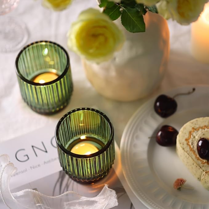 DEVI 8pcs Large Green Votive Candle Holders for Wedding Centerpieces, Glass Tea Lights Candle Holder Decor, Wedding Bridal Shower Party Table Decor, Vintage Boho Easter Decor for Table Centerpiece