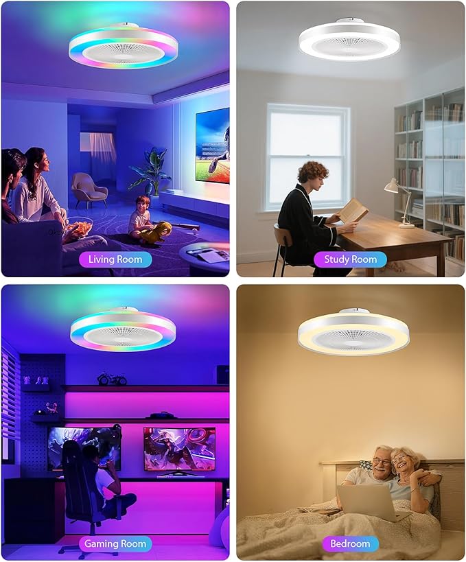 2-in-1 Low Profile Ceiling Fan with Light, 20” Caged Safety Design for Kids - RGB Color, Smart APP/Remote Control, Quiet Flush Mount DC Motor, Metal, Ideal for Bedroom/Living Room/Kitchen, White