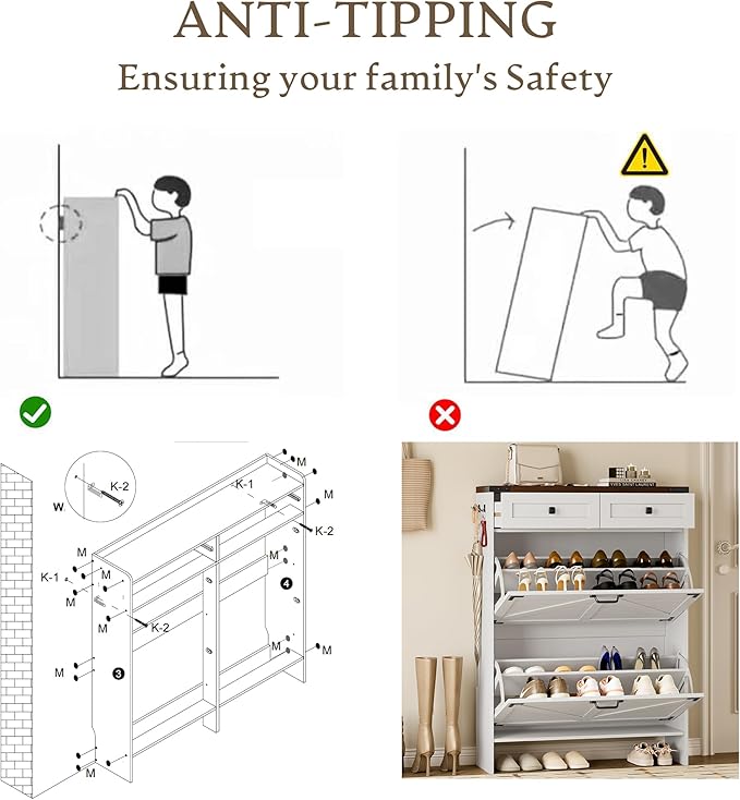 Shoe Cabinet with Odor Control Deodorizer and Back Panel, Farmhouse Narrow Shoe Storage Cabinet Rack for Entryway with 2 Flip Drawers and 2 Top Drawers, Adjustable Shelves, Side Hooks